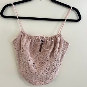 Y2K Crochet Lace Corset Milkmaid Top Medium Smocked Back Tie Front Coquette Crop